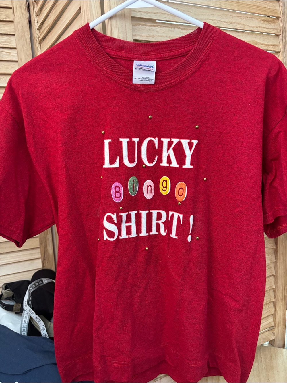 Gildan Red CrewneckLucky Bingo T-Shirt with Small Gold Stud Accents Medium
